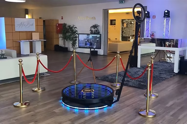 LED 360 booth platform with red carpet at an event