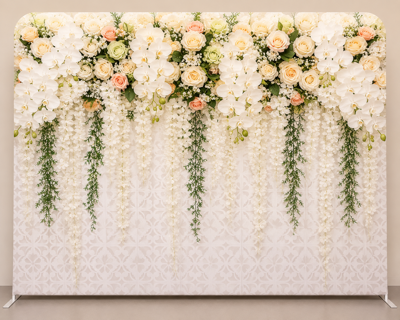 White floral backdrop with roses, orchids and trailing blooms
