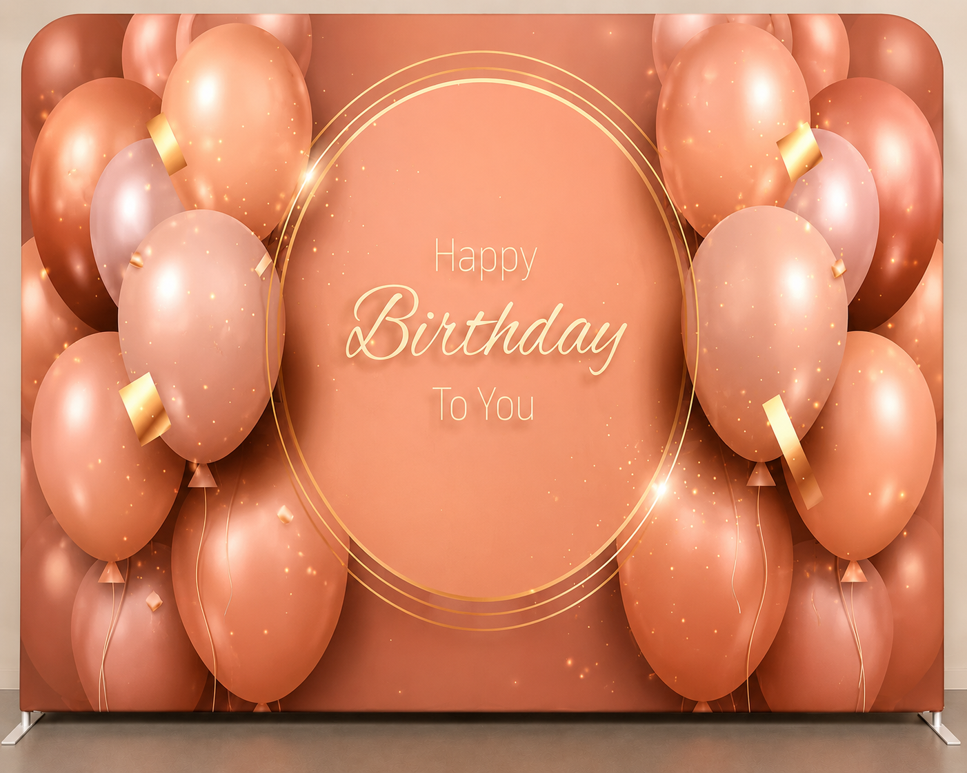 Rose gold balloon backdrop with a Happy Birthday message
